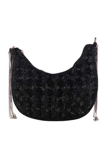 Buy_Nazaakat By Samara Singh_Black Beads, Rhinestones, Chains Beaded Circular Pattern Clutch With Fringe _Online_at_Aza_Fashions
