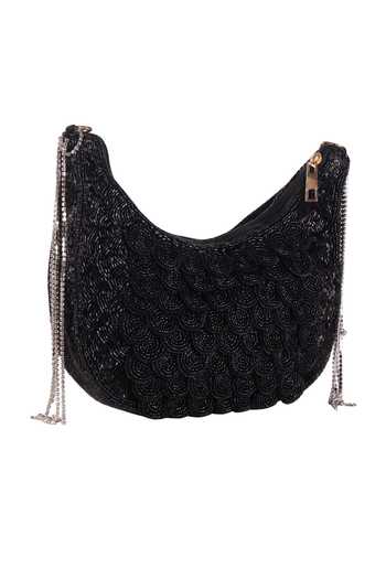 Shop_Nazaakat By Samara Singh_Black Beads, Rhinestones, Chains Beaded Circular Pattern Clutch With Fringe _Online_at_Aza_Fashions