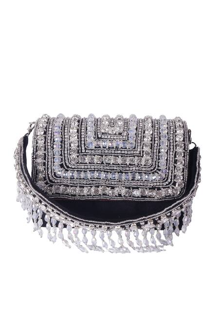 Buy_Nazaakat By Samara Singh_Black Beads, Crystals, Rhinestones Geometric And Embellished Flap Bag 