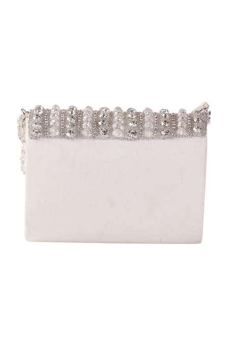 Nazaakat By Samara Singh_White Beads, Crystals, Rhinestones, Tassels Beaded And Embellished Flap Bag _Online_at_Aza_Fashions