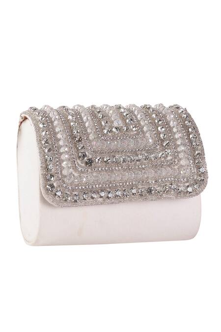 Nazaakat By Samara Singh_White Beads, Crystals, Rhinestones, Tassels Beaded And Embellished Flap Bag _at_Aza_Fashions