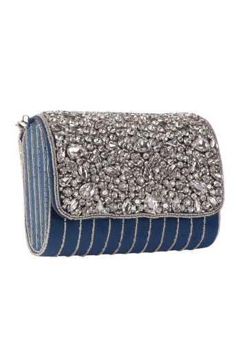 Buy_Nazaakat By Samara Singh_Blue Crystals, Beads, Tassels And Embellished Flap Bag _Online_at_Aza_Fashions