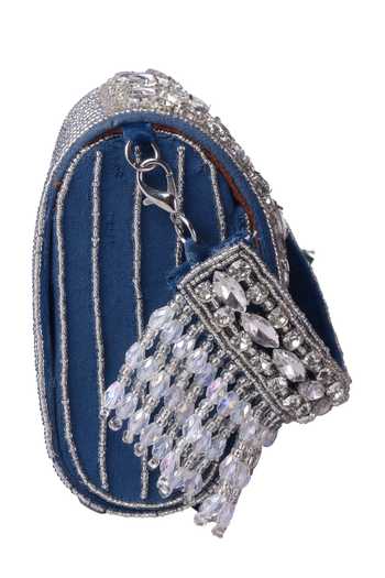 Nazaakat By Samara Singh_Blue Crystals, Beads, Tassels And Embellished Flap Bag _at_Aza_Fashions