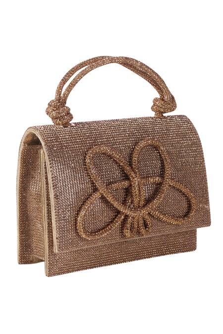 Shop_Nazaakat By Samara Singh_Brown Glitter, Bows Embellished Flap Bag With Detachable Handle _Online_at_Aza_Fashions