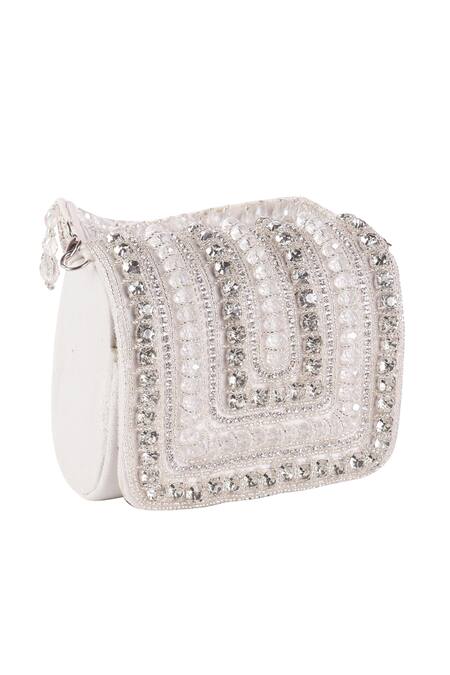 Shop_Nazaakat By Samara Singh_White Beads, Crystals, Rhinestones Embellished Flap Bag With Detachable Handle _Online_at_Aza_Fashions