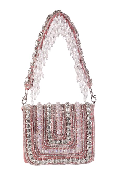 Shop_Nazaakat By Samara Singh_Pink Beads, Crystals, Rhinestones Embellished Flap Bag With Detachable Handle _at_Aza_Fashions