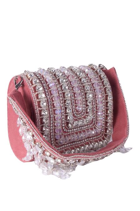 Buy Nazaakat By Samara Singh Pink Beads, Crystals, Rhinestones Embellished Flap Bag With Detachable Handle Buy_Nazaakat By Samara Singh_Pink Beads, Crystals, Rhinestones Embellished Flap Bag With Detachable Handle