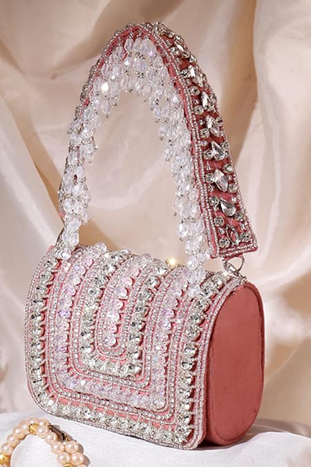 Nazaakat By Samara Singh Pink Beads, Crystals, Rhinestones Embellished Flap Bag With Detachable Handle 