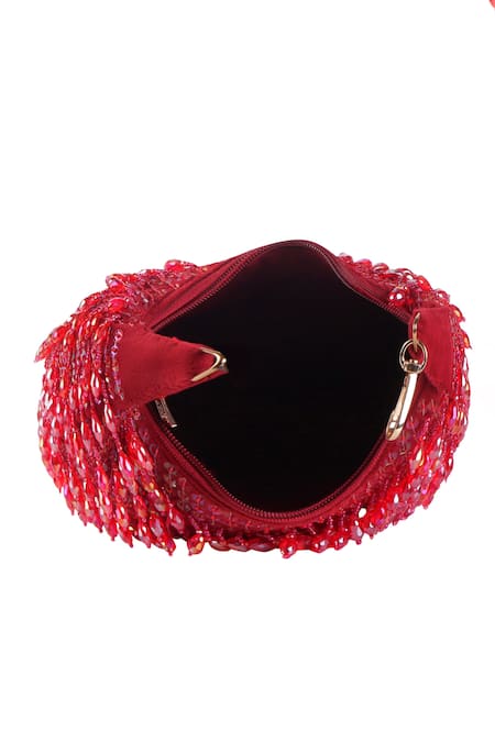 Nazaakat By Samara Singh_Red Beads, Sequins Beaded Moon Clutch With Detachable Strap _Online_at_Aza_Fashions