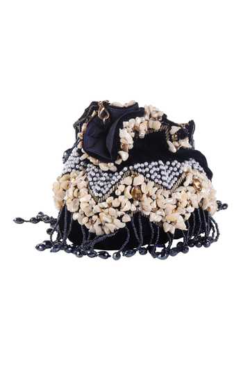 Nazaakat By Samara Singh_Black Beads, Pearls, Stones, Tassels Beaded And Embellished Potli Bag _Online_at_Aza_Fashions