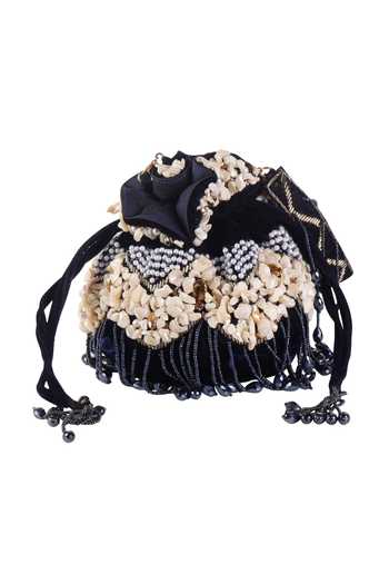 Shop_Nazaakat By Samara Singh_Black Beads, Pearls, Stones, Tassels Beaded And Embellished Potli Bag _Online_at_Aza_Fashions