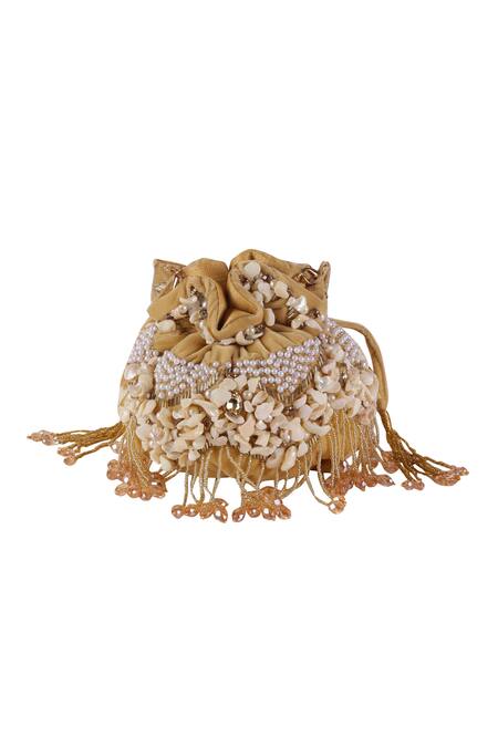 Buy_Nazaakat By Samara Singh_Gold Beads, Pearls, Tassels Shell And Embellished Potli Bag _Online_at_Aza_Fashions