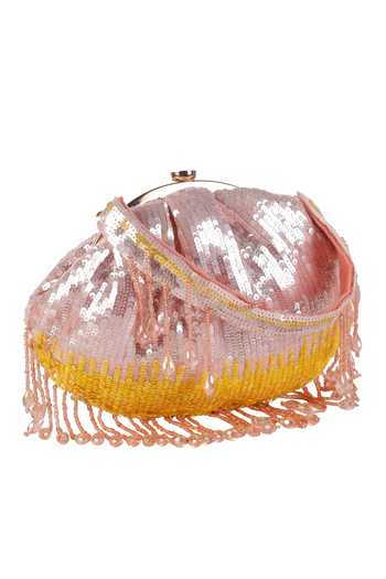 Nazaakat By Samara Singh_Pink Sequins, Beads, Tassels And Beaded Fringe Batua Bag _at_Aza_Fashions