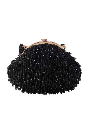 Shop_Nazaakat By Samara Singh_Black Beads, Tassels Beaded Fringe Batua Bag With Detachable Handle _Online_at_Aza_Fashions