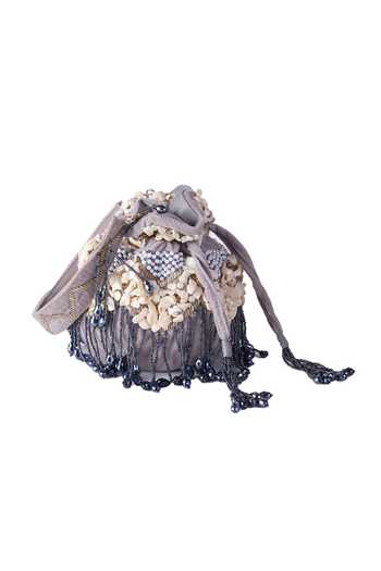 Nazaakat By Samara Singh_Gray Beads, Pearls, Tassels Shell And Embellished Potli Bag _Online_at_Aza_Fashions