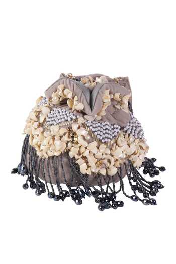 Shop_Nazaakat By Samara Singh_Gray Beads, Pearls, Tassels Shell And Embellished Potli Bag _Online_at_Aza_Fashions