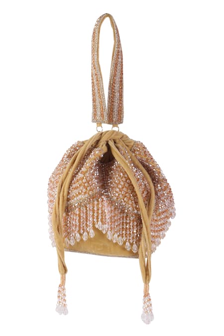 Shop_Nazaakat By Samara Singh_Gold Beads, Tassels Beaded Sequin And Crystal Drop Potli Bag _at_Aza_Fashions