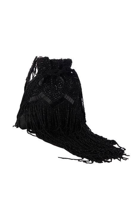 Buy_Nazaakat By Samara Singh_Black Beads, Sequins, Fringe Beaded Potli Bag With Detachable Handle _Online_at_Aza_Fashions