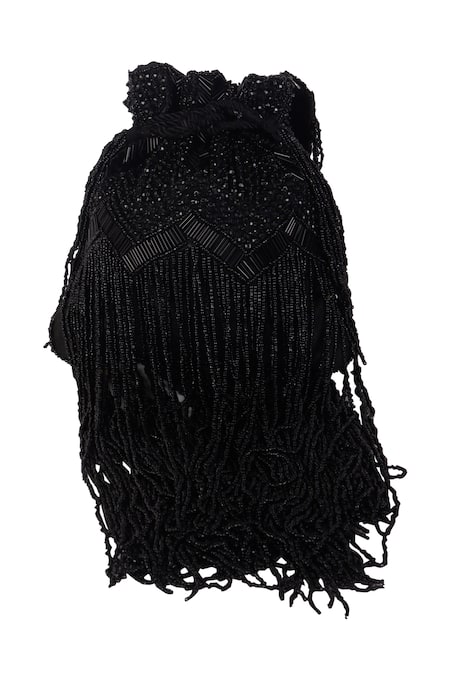 Shop_Nazaakat By Samara Singh_Black Beads, Sequins, Fringe Beaded Potli Bag With Detachable Handle _Online_at_Aza_Fashions