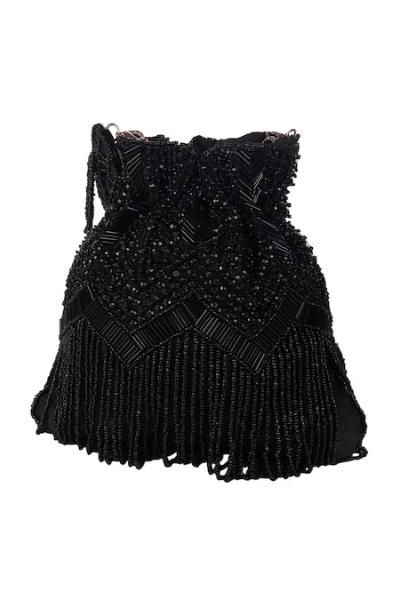 Nazaakat By Samara Singh_Black Beads, Sequins, Fringe Beaded Potli Bag With Detachable Handle _at_Aza_Fashions
