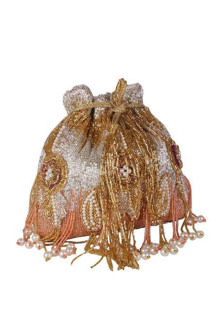 Nazaakat By Samara Singh_Silver Beads, Pearls, Tassels Beaded And Sequin Embroidered Potli Bag _at_Aza_Fashions