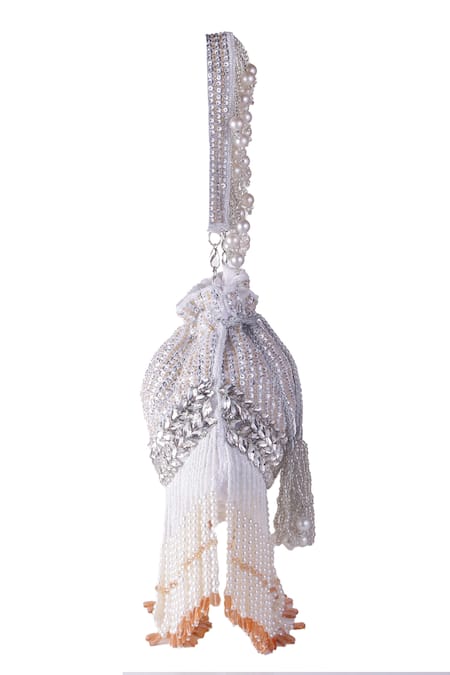 Buy_Nazaakat By Samara Singh_Silver Sequins, Beads, Pearls, Tassels And Embellished Potli Bag _Online_at_Aza_Fashions