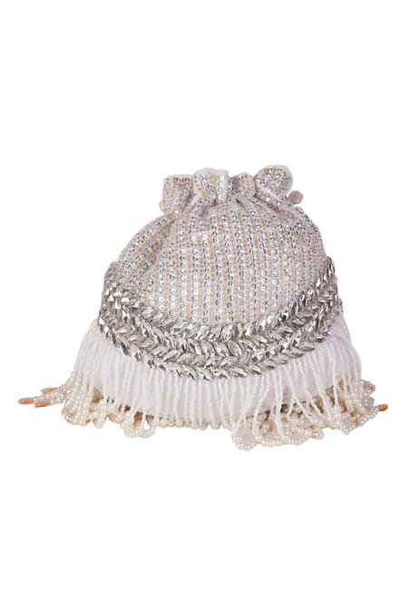 Shop_Nazaakat By Samara Singh_Silver Sequins, Beads, Pearls, Tassels And Embellished Potli Bag _Online_at_Aza_Fashions