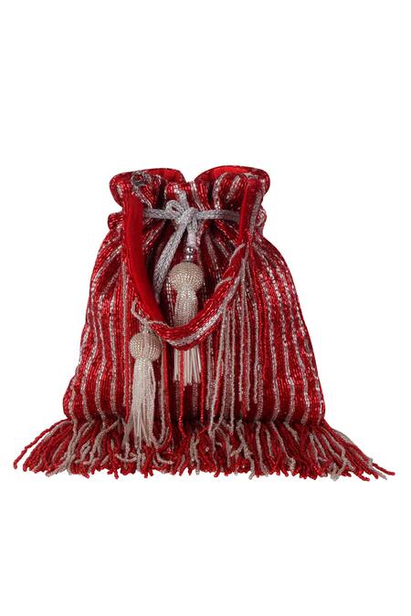 Buy_Nazaakat By Samara Singh_Red Beads, Tassels Beaded Stripe Potli Bag With _Online_at_Aza_Fashions