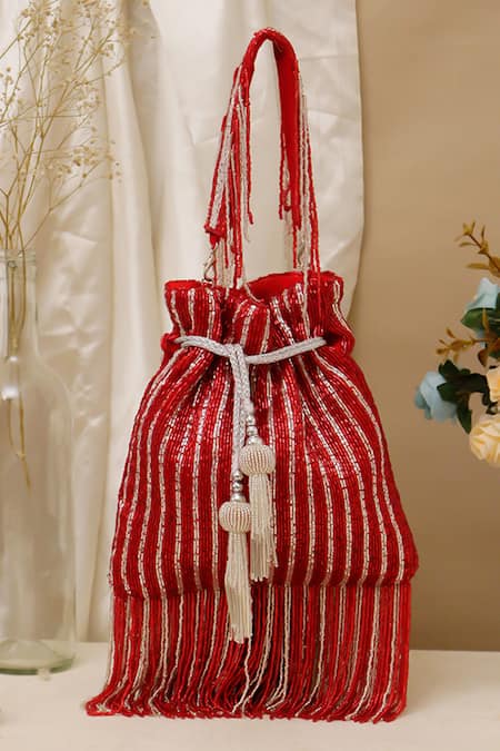 Nazaakat By Samara Singh Beaded Stripe Potli Bag with Tassels 