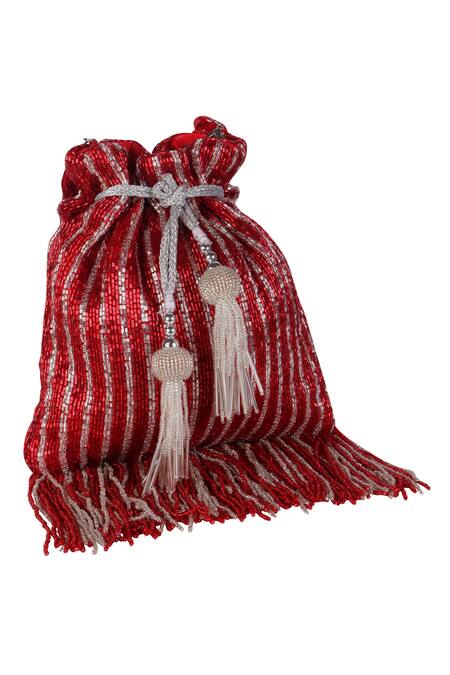 Nazaakat By Samara Singh_Red Beads, Tassels Beaded Stripe Potli Bag With _at_Aza_Fashions