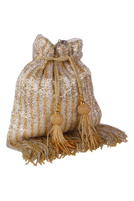 Nazaakat By Samara Singh_Gold Beads, Tassels, Fringe Beaded Potli Bag With And Detachable Handle _at_Aza_Fashions