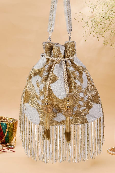 Nazaakat By Samara Singh Beaded Abstract Pattern Potli Bag with Tassels 