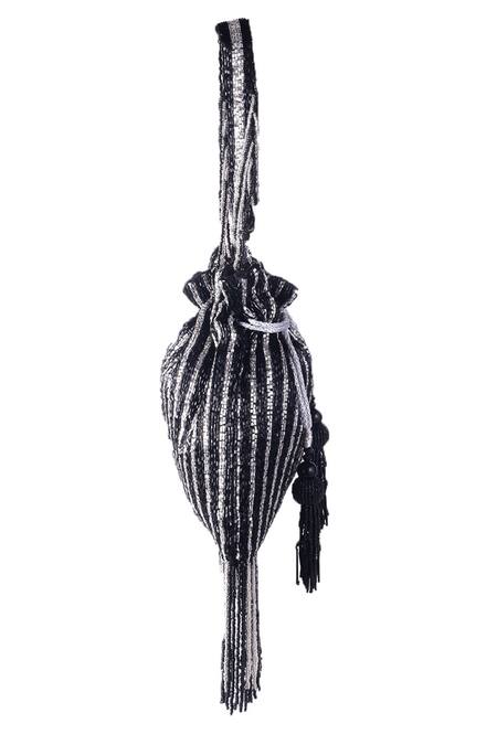 Buy_Nazaakat By Samara Singh_Black Beads, Sequins, Tassels Striped Beaded Potli Bag With _Online_at_Aza_Fashions