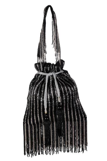 Nazaakat By Samara Singh Striped Beaded Potli Bag with Tassels 