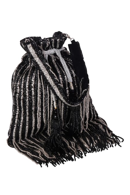 Shop_Nazaakat By Samara Singh_Black Beads, Sequins, Tassels Striped Beaded Potli Bag With _Online_at_Aza_Fashions