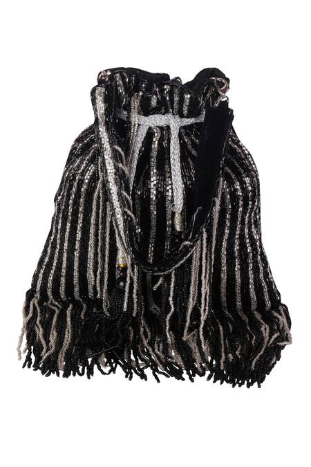 Nazaakat By Samara Singh_Black Beads, Sequins, Tassels Striped Beaded Potli Bag With _at_Aza_Fashions