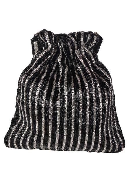 Buy_Nazaakat By Samara Singh_Black Beads, Sequins, Tassels Striped Beaded Potli Bag With 