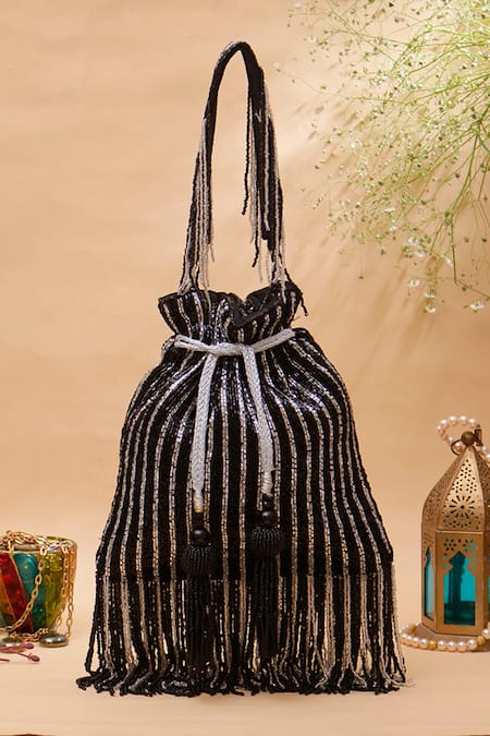 Nazaakat By Samara Singh Striped Beaded Potli Bag with Tassels 
