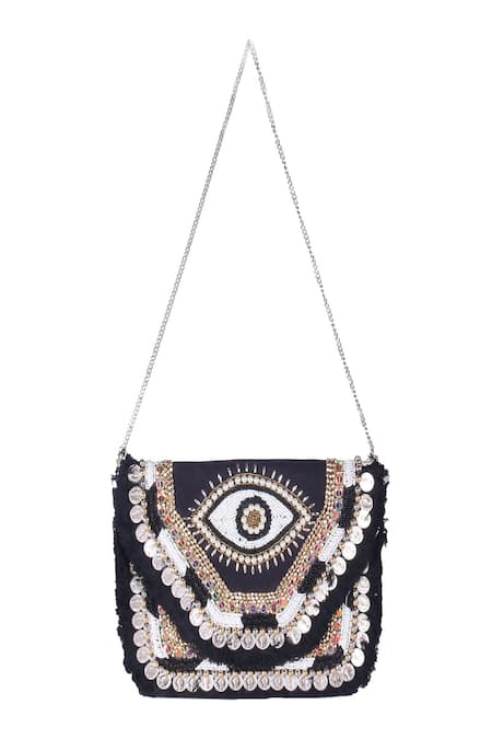 Shop Nazaakat By Samara Singh Black Beads, Sequins, Tassels Evil Eye Coin And Embroidered Boho Bag at Aza Fashions Shop_Nazaakat By Samara Singh_Black Beads, Sequins, Tassels Evil Eye Coin And Embroidered Boho Bag _at_Aza_Fashions