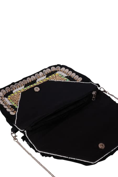 Buy_Nazaakat By Samara Singh_Black Beads, Sequins, Tassels Evil Eye Coin And Embroidered Boho Bag _Online_at_Aza_Fashions
