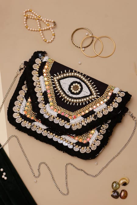 Nazaakat By Samara Singh Black Beads, Sequins, Tassels Evil Eye Coin And Embroidered Boho Bag