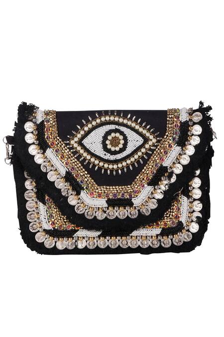 Shop_Nazaakat By Samara Singh_Black Beads, Sequins, Tassels Evil Eye Coin And Embroidered Boho Bag _Online_at_Aza_Fashions