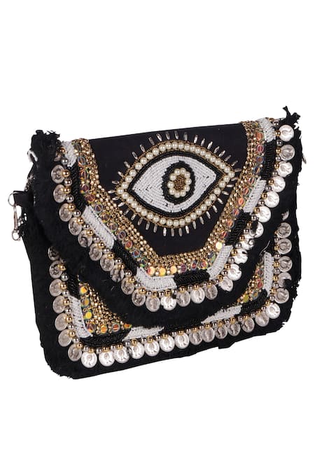 Nazaakat By Samara Singh_Black Beads, Sequins, Tassels Evil Eye Coin And Embroidered Boho Bag _at_Aza_Fashions