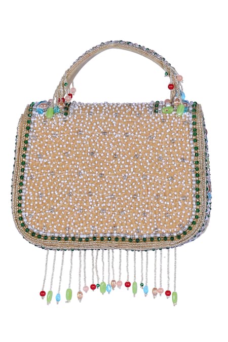 Shop_Nazaakat By Samara Singh_Multi Color Beads, Pearls, Stones, Tassels Beaded Embellished Flap Bag With 