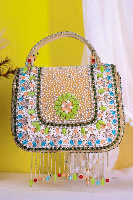 Nazaakat By Samara Singh Beaded Embellished Flap Bag with Tassels 