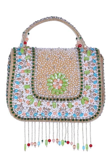 Nazaakat By Samara Singh Beaded Embellished Flap Bag with Tassels 