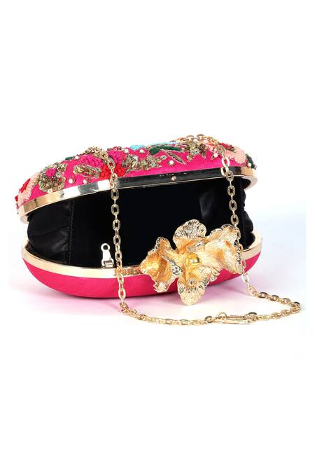 Buy_Nazaakat By Samara Singh_Pink Embroidery, Sequins, Pearls Floral Clutch With Detachable Handle _Online_at_Aza_Fashions