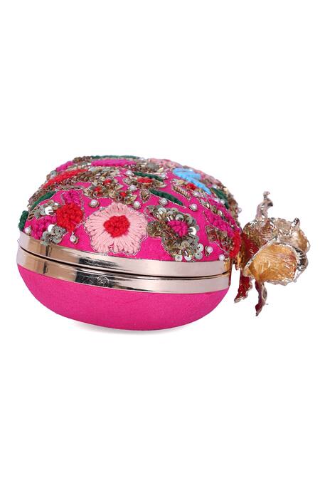 Nazaakat By Samara Singh_Pink Embroidery, Sequins, Pearls Floral Clutch With Detachable Handle _at_Aza_Fashions