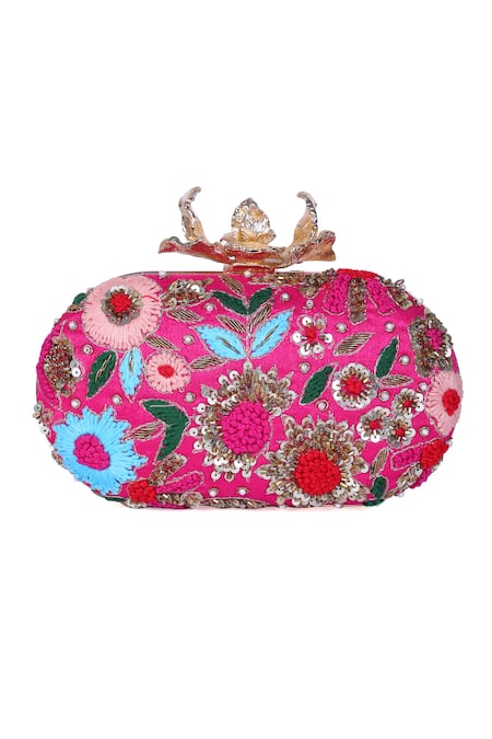 Nazaakat By Samara Singh_Pink Embroidery, Sequins, Pearls Floral Clutch With Detachable Handle _Online_at_Aza_Fashions