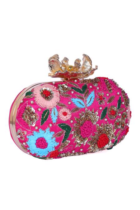 Shop Nazaakat By Samara Singh Pink Embroidery, Sequins, Pearls Floral Clutch With Detachable Handle Shop_Nazaakat By Samara Singh_Pink Embroidery, Sequins, Pearls Floral Clutch With Detachable Handle